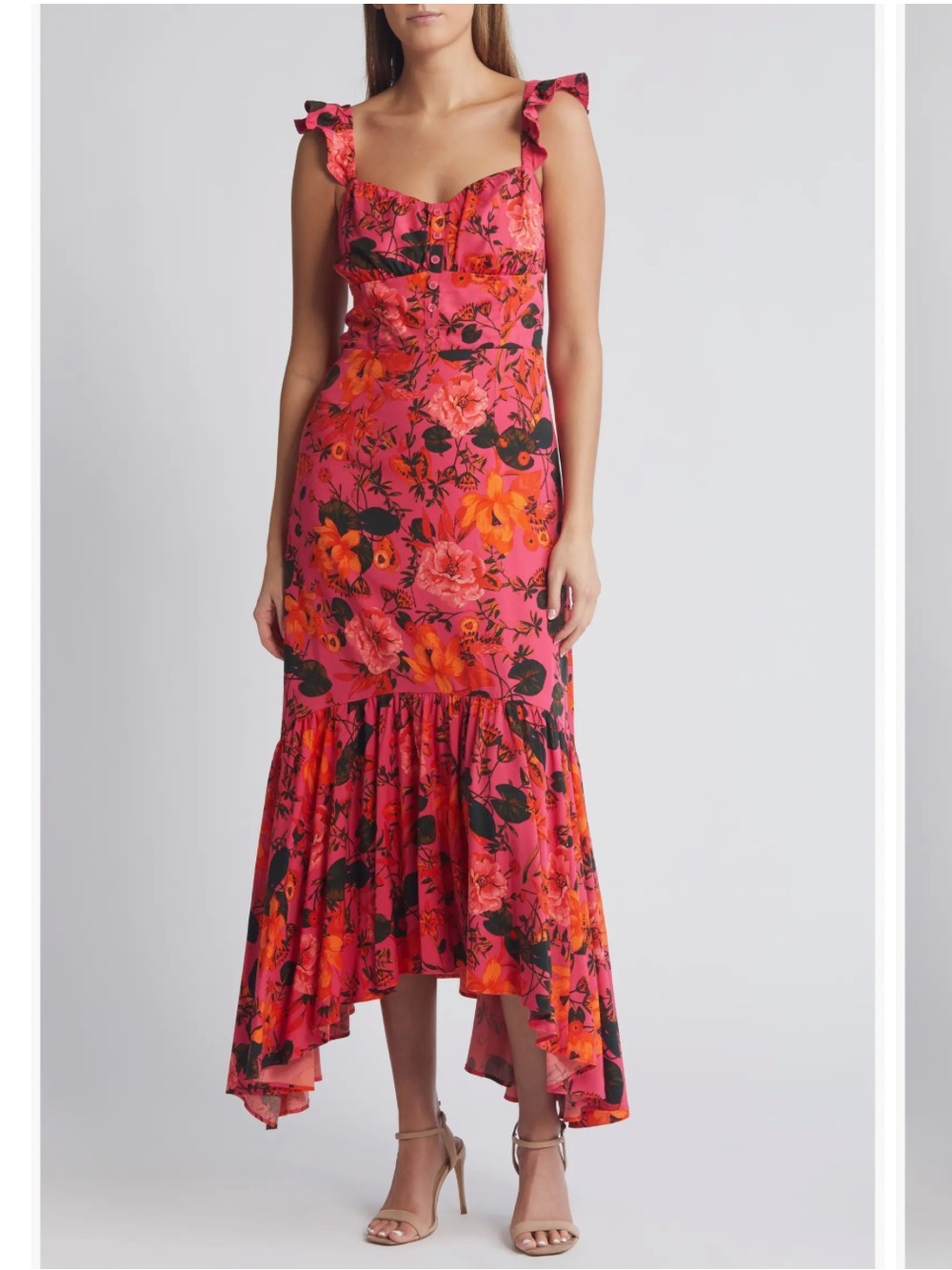 Chelsea28 Floral Ruffle Strap Handkerchief Hem Dress